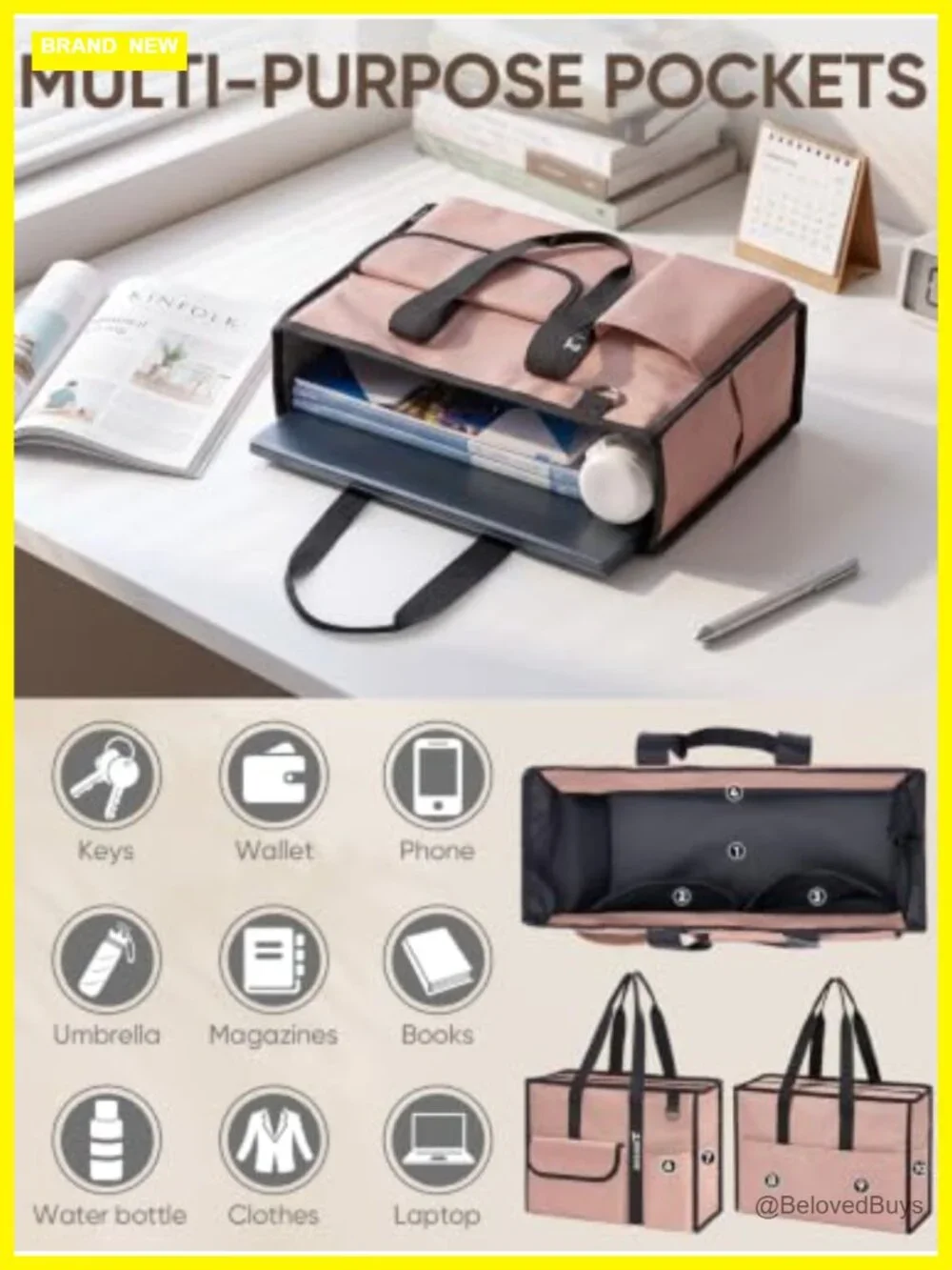 Large Utility Tote Bag with Reinforced Bottom, Multi Pockets Foldable
